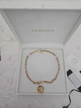 Versace Gold Medusa Teardrop Pendant Chain Necklace Authentic